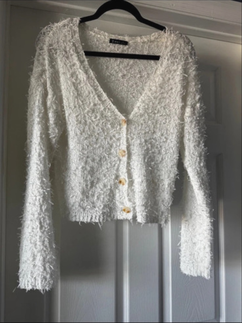 Very J White Fuzzy V-Neck Button Cardigan